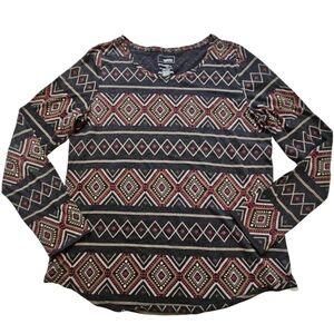 Sonoma Everyday Tee Womens Large Gray Aztec Geometric Long Sleeve Top